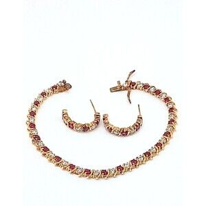 Gold Vermeil RUBY and CZ tennis bracelet and earrings 925